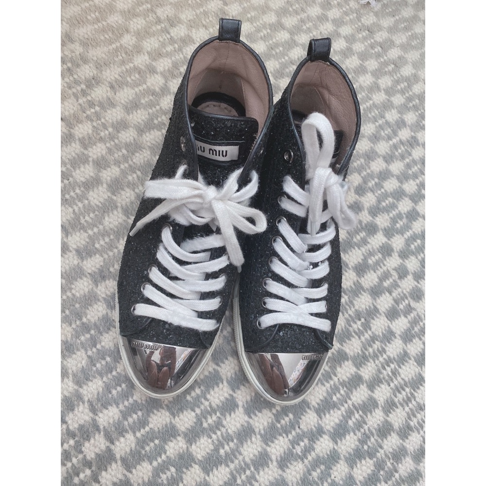 Miu Miu Black Glitter And Metal Cap Sneakers